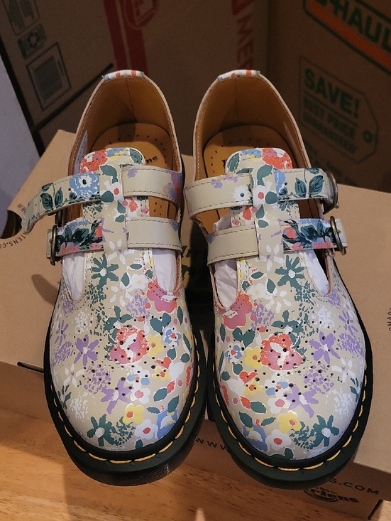 Dr. Martens Shoes - Dr. Martens Womens Cream Floral Double-Strap Mary Janes